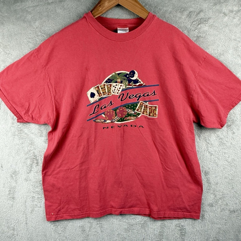 Vintage Hanes Beefy-T Las Vegas Nevada T-Shirt 2XL Red Casino Cards Gambling USA